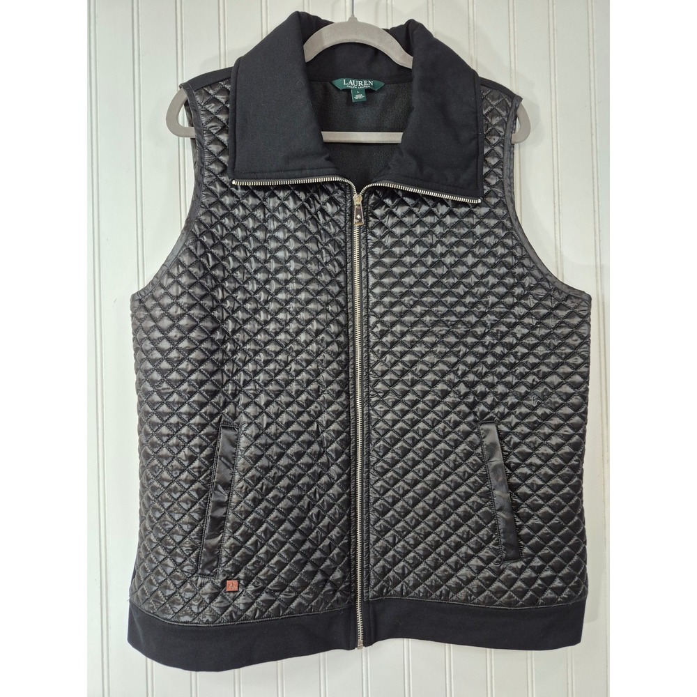 Lauren Ralph Lauren Womens Black Quilted Mixed Media Full Zip Vest Large LRL